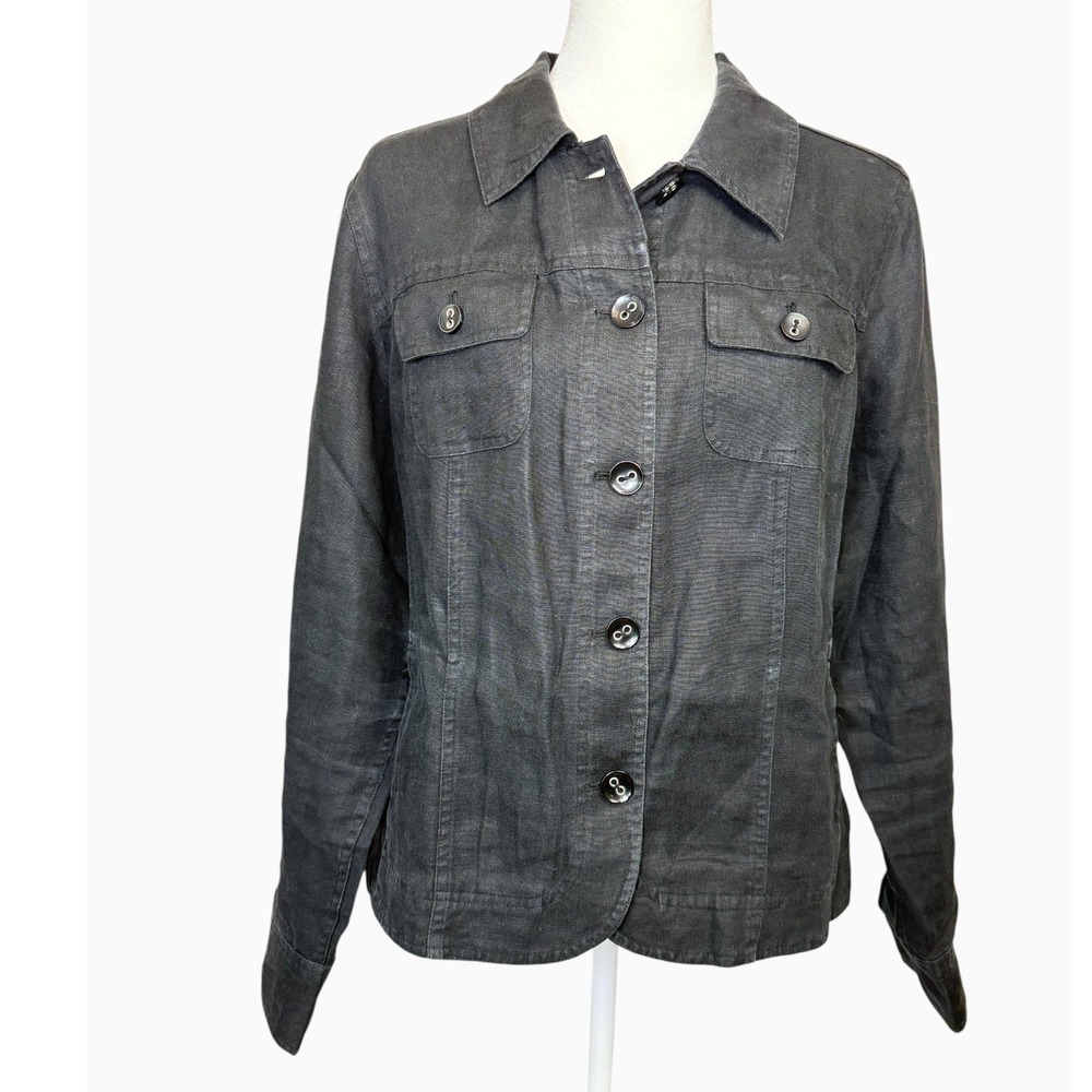 Charter Club Womens XL Black 100% Linen Button Front Utility Jacket Lightweight